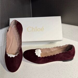 $550 Chloé Suede Scalloped Accent Ballet Flats Dark Red 38.5 NIB